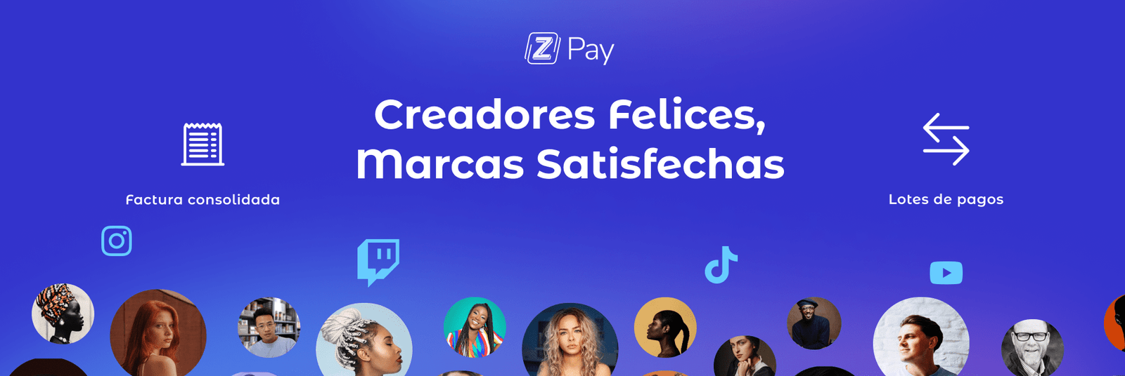 Banner con el título del blog "Creadores felices, marcas satisfechas" en color persian blue con íconos de redes sociales e imágenes de influencers en círculos